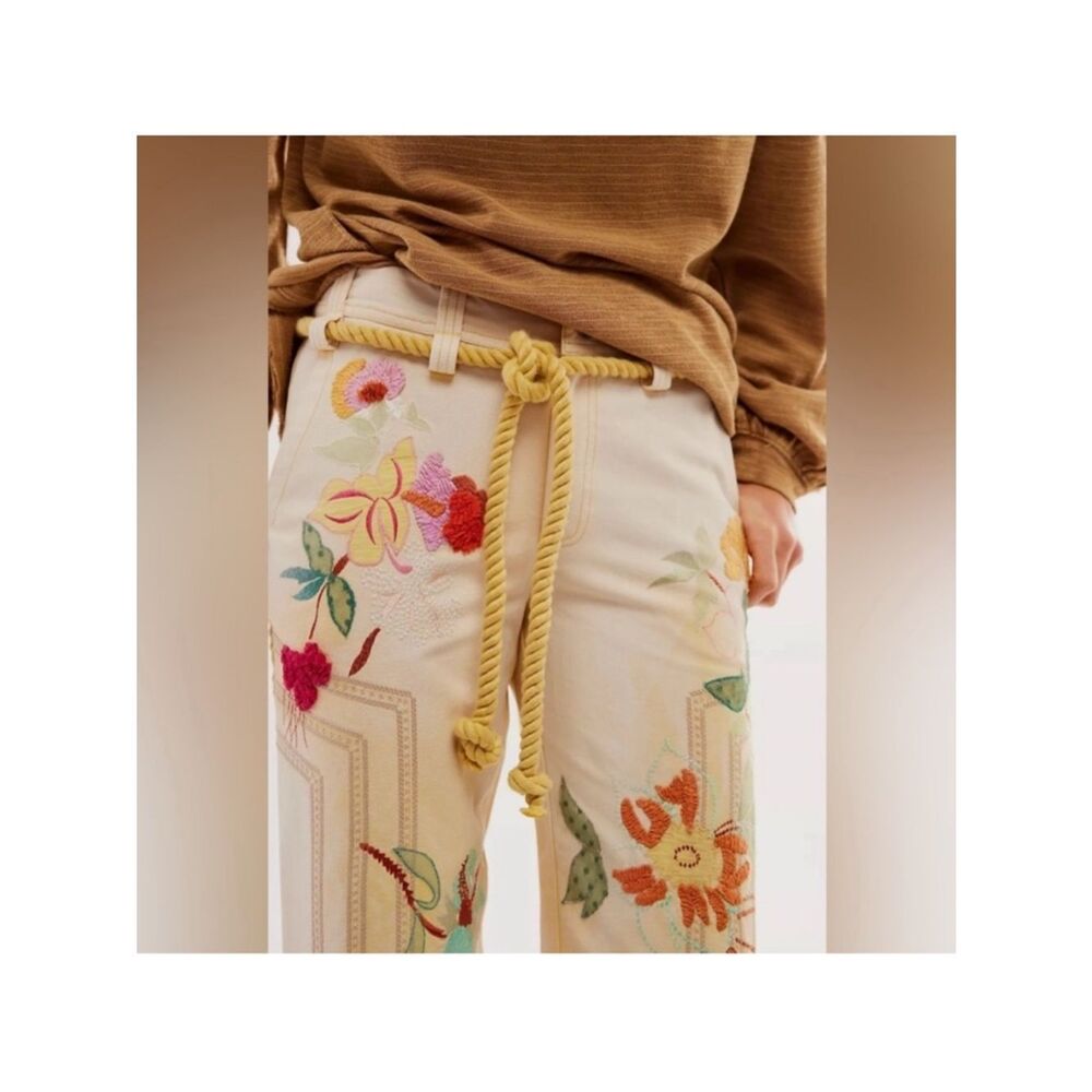Free People Electric Sands Embroidered Pant We The Free Floral Sunshine 2 size 6